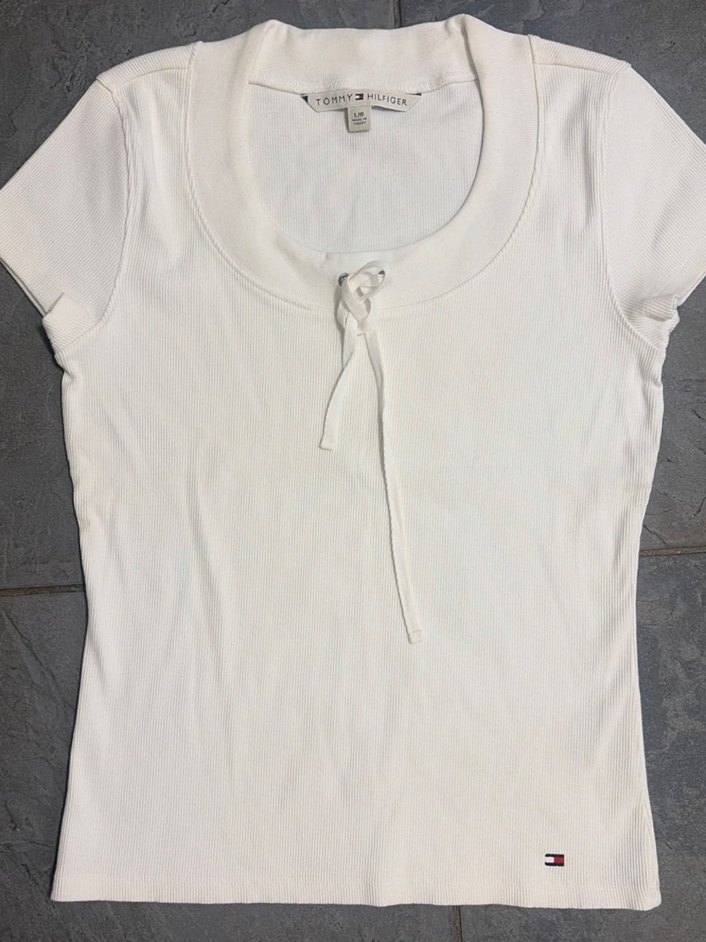 Tommy Hilfiger White Ribbed Scoop-Neck Tie-Front Short Sleeve Top